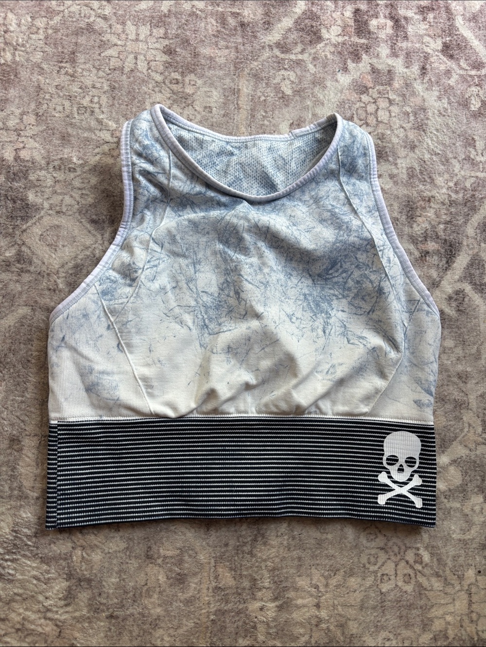 soulcycle Blue Marble Print Sports Bra with Striped Band and Skull Accent